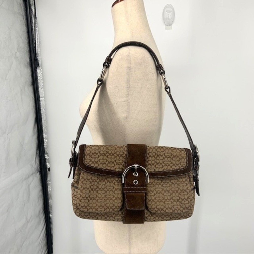 Vintage Y2K Coach Soho Signature Buckle Shoulder Bag Brown Suede Jacquard 2000s - Picture 2 of 16